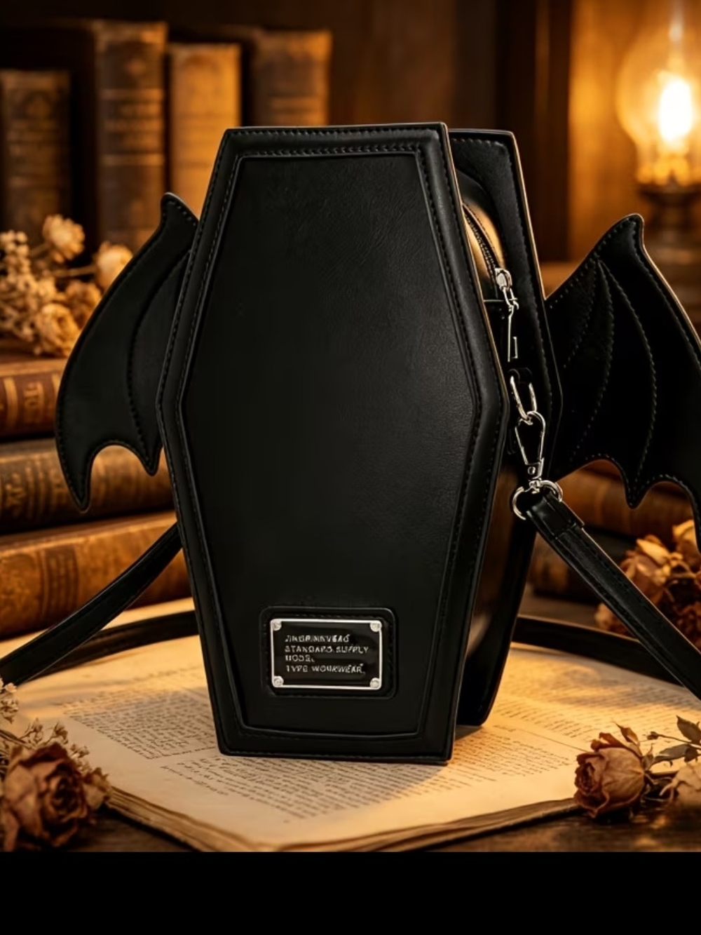 Black Coffin Crossbody Bag with Bat Wing Detail - Unbranded